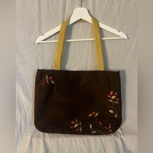 Embroidered Brown Tote Bag with Floral Design - Picture 1 of 1